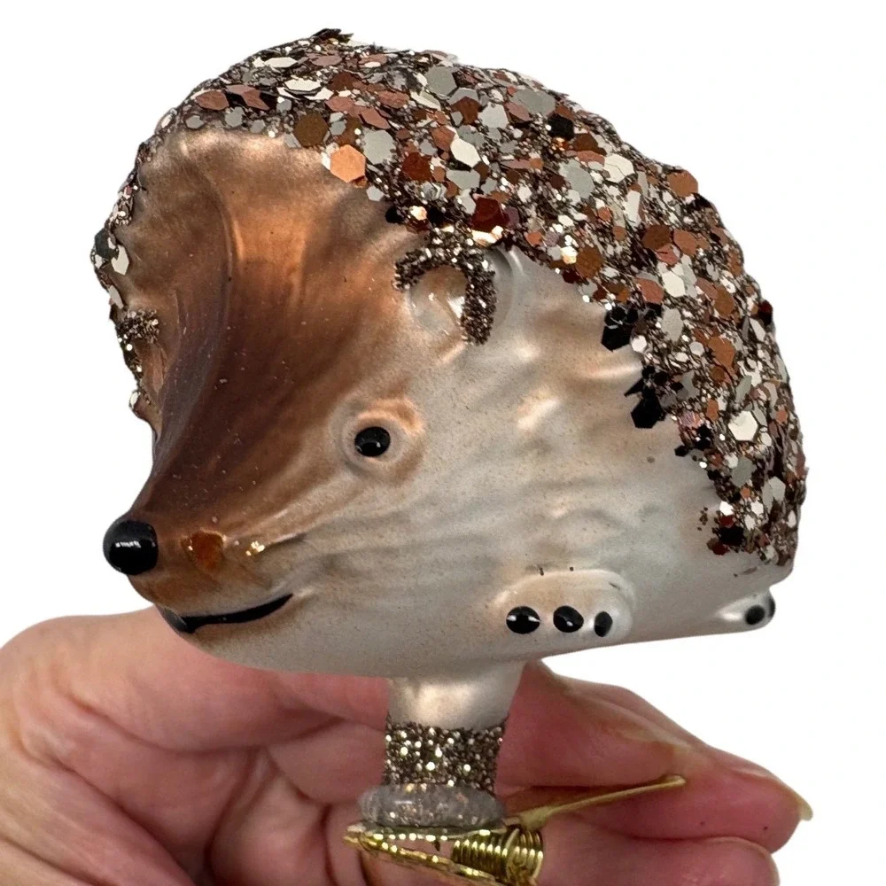 Dagmara Poland Glass Hedgehog Christmas Ornament Clip On Glitter Bronze Brown